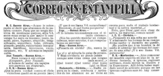 Secci&oacute;n &ldquo;Correo sin estampilla&rdquo;. Revista Caras y Caretas, 1910.