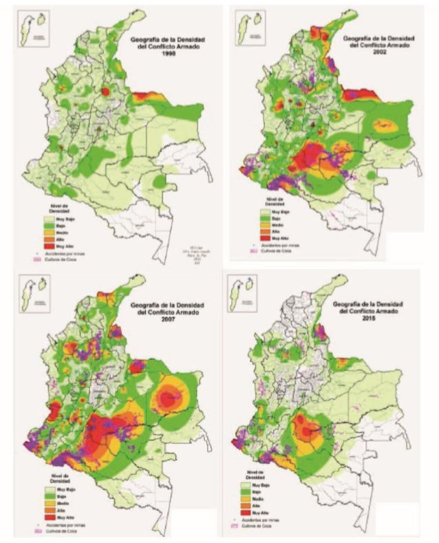 Figura 2. Geografía de la densidad del conflicto armado en Colombia entre 1998–2015. 