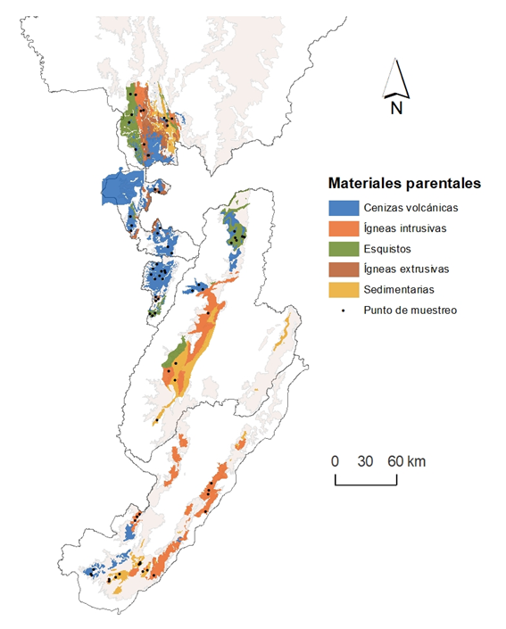 Mapa de distribución de materiales
parentales en la zona de estudio, basado en los levantamientos de suelos de
FNC.